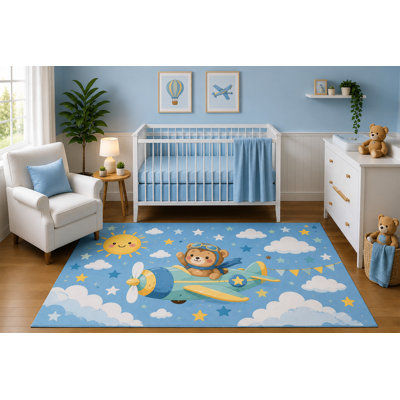 "Ultra Lightweight" 5'x7' Teddy Bear Airplane Area Rug for Nursery Room, Cute Vintage Aircraft Clouds and Stars Adventure Design for Baby Boy Bedroom Decor, Non-Slip Silicone Backing Low Pile