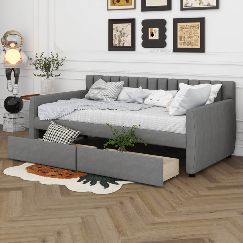 Lit de jour simple tapissier avec 2 tiroirs, cadre de lit avec rangement et support en lattes de bois