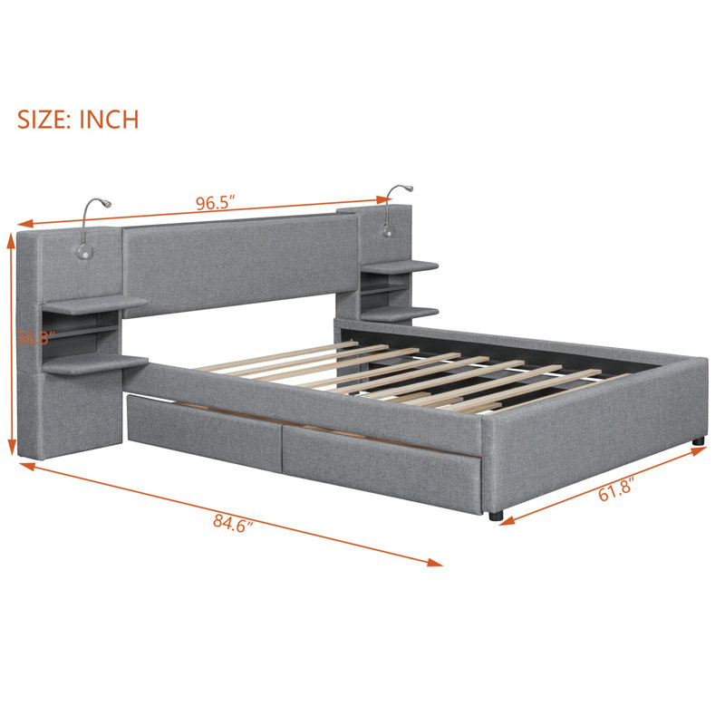 Upholstered Platform Bed with Trundle, Grey