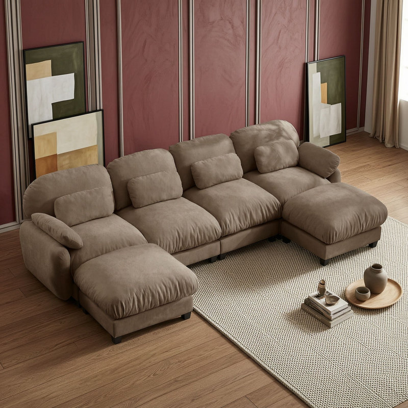 Canapé d'angle en U quatre places avec deux poufs, Brun