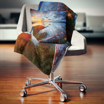 Colorful River Sunset With Log - Sea & Shore Printed Pillow