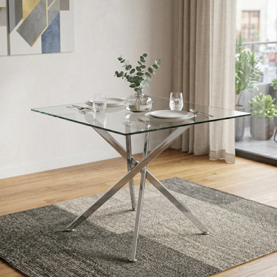36" Square Clear Tempered Glass Dining Table with Metal Legs, Silver