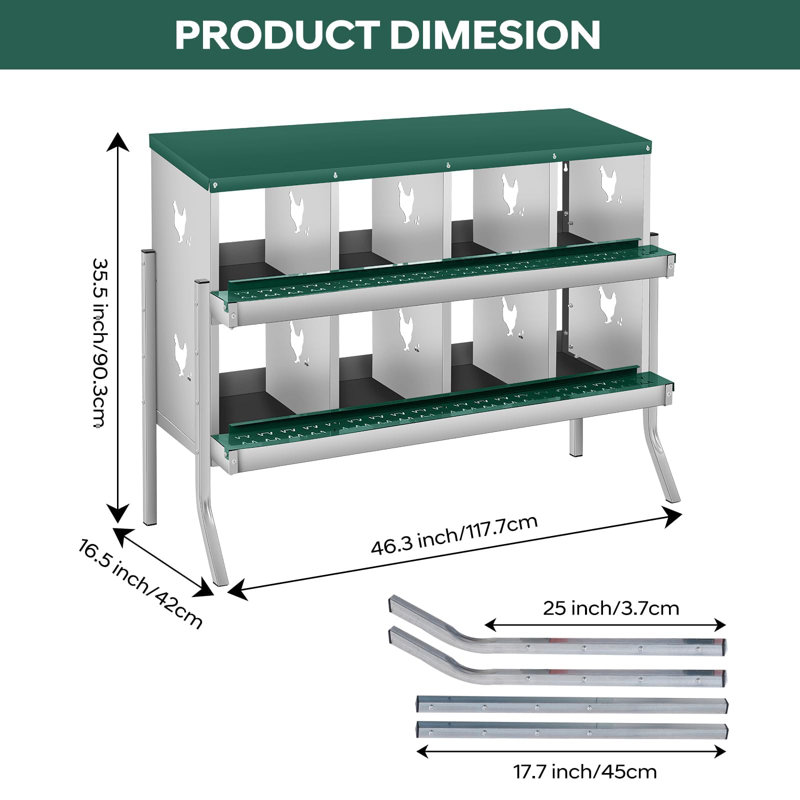 Boîtes de nidification pour poulets en métal à 8 compartiments avec plateau à œufs, perchoir et couvercle, lignes horizontales doubles et trous ventilés, fixation murale ou autoportante avec pieds en métal pour poules et canards, vert