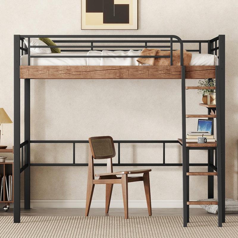  Lit mezzanine double en métal avec bureau intégré, échelle et tablette de rangement murale, noir, Lit double