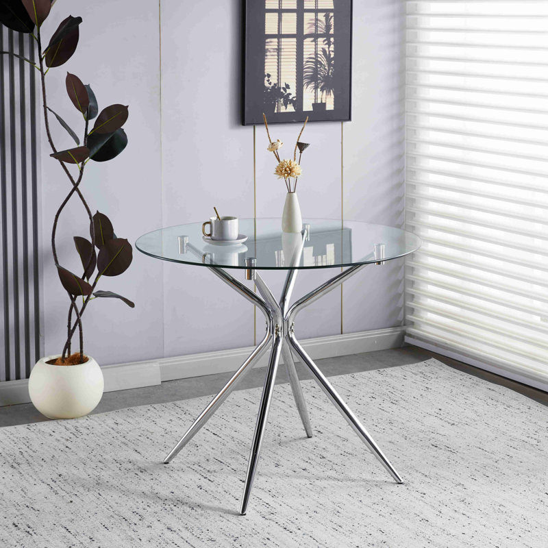 Table de salle à manger moderne en verre trempé avec pieds en métal, Argent argent