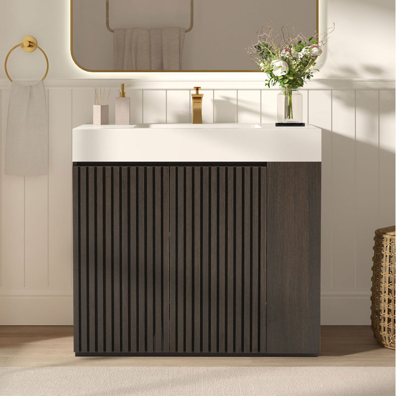 Meuble-lavabo 36 po avec surface solide, 36", Blanc / Brun foncé, Monotrou