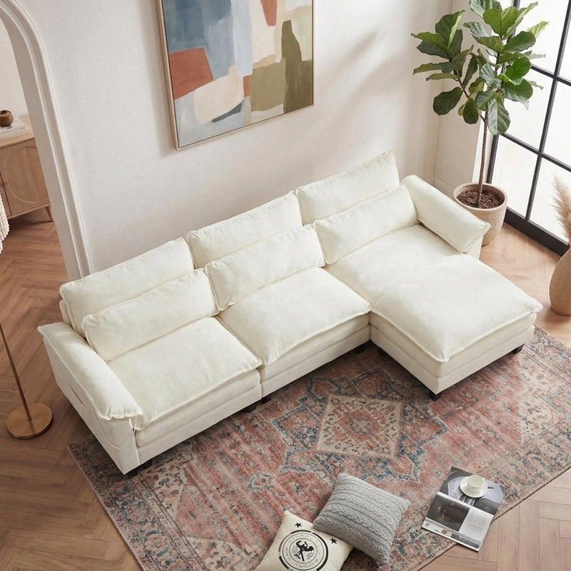 Canapé en L de 113 po avec repose-pieds et port USB 113 po, Beige