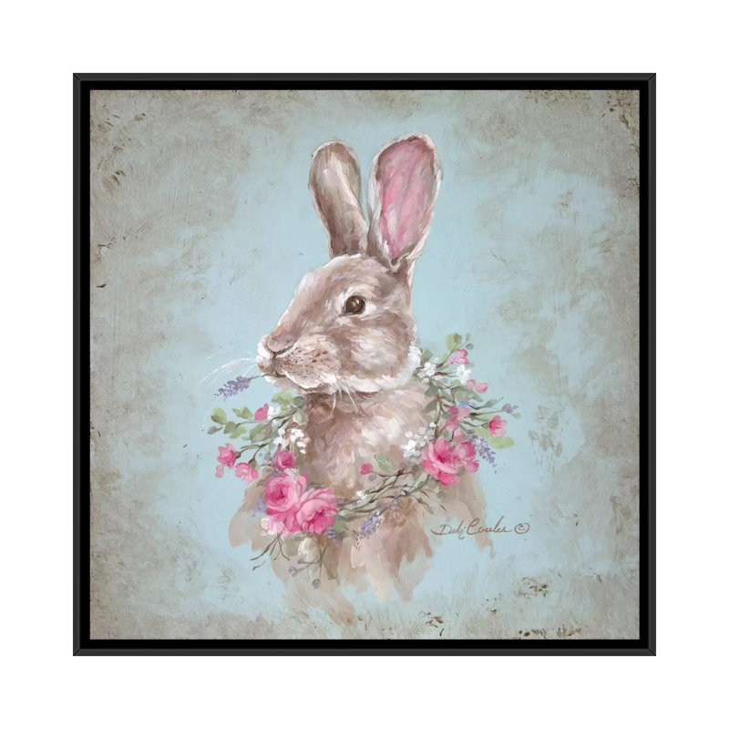 Bunny with Wreath - Reproduction d'art sur toile, H 18 po x l 18 po x P 1,5 po, Toile avec cadre noir, Pas de tapis