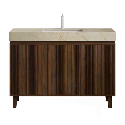 Meuble-lavabo de salle de bain 122 cm (48 po), meuble autoportant, comptoir en pierre frittée couleur crème veinée or et lavabo en céramique avec 1 trou pré-percé pour robinetterie, démonté, robinetterie et bonde non incluses.