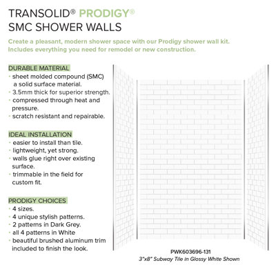 Prodigy PWK603696-131 Ensemble de 3 carreaux de douche à coller au mur, 60 po x 36 po x 96 po, recoupables, motif métro 3 po x 8 po, blanc