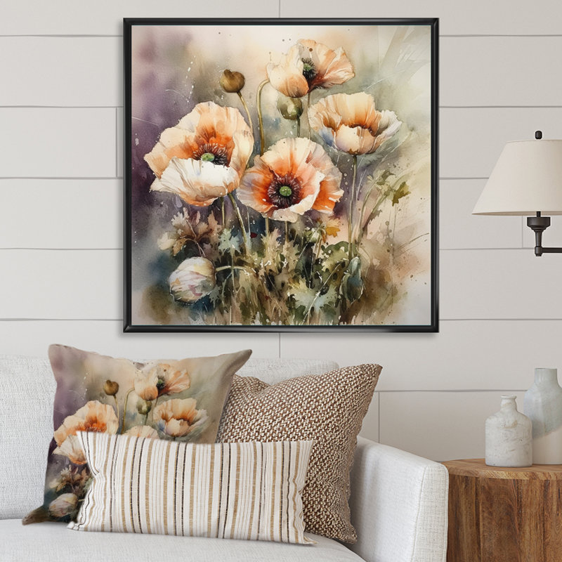 Orange, pivoines et fleurs II - art mural sur toile, H 16 po x l 16 po x P 1 po, Cadre flottant noir