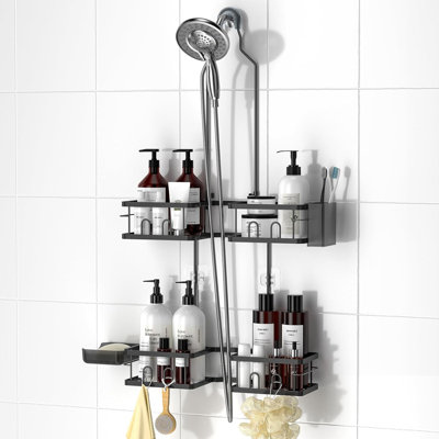 Adjustable Shower Caddy Hanging Rustproof Shower Caddy For Handheld Showerheads, Shower Organizer With Hooks Soap Holder Toothbrush Holder, Anti-Swing Shower Rack Bathroom Accessories