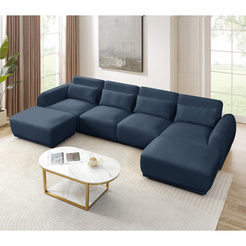 Modular Teddy Velvet Sectional Sofa – Cozy, Flexible 3 Seaters And Ottoman For Any Space, Blue Teddy