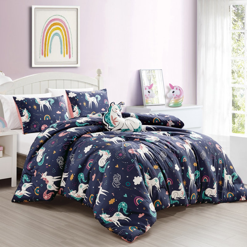 Ensemble de literie à broderies douces bleu marine, licornes et arcs-en-ciel pour enfants