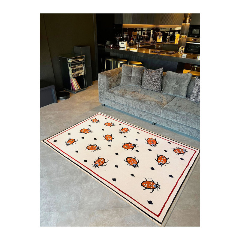 Tapis beige lavable à motif d'insectes, Sous-tapis rectangulaire 5 pi 1 po x 7 pi 7 po inc
