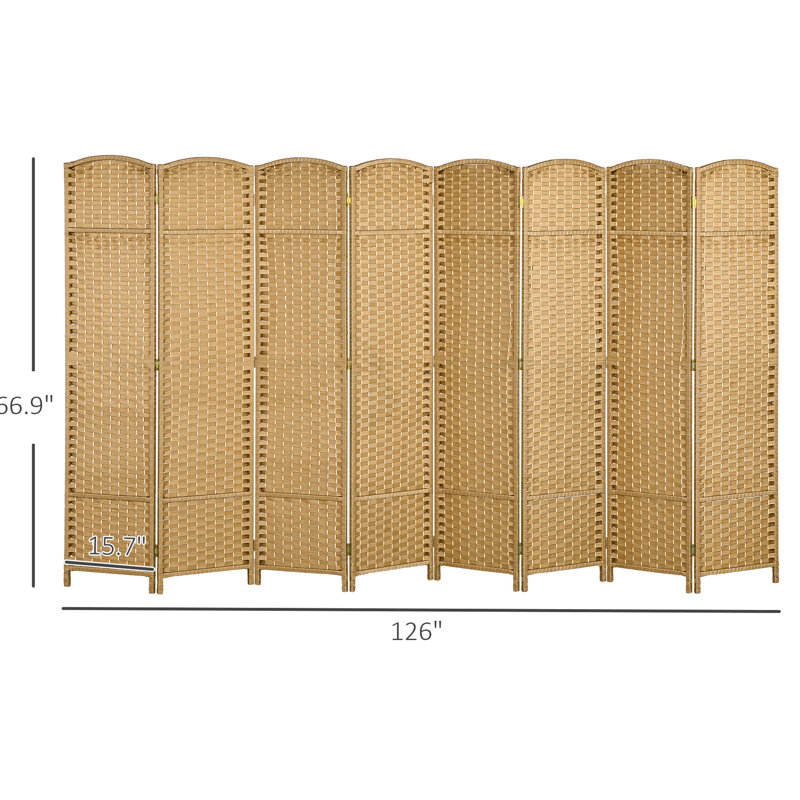Paravent 8 panneaux pliable en bois naturel de 5,6 pi de hauteur pour le bureau à domicile, ravissant motif de tissage ravissant