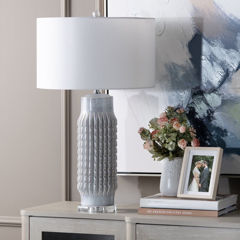 30.5" Ceramic Table Lamp With White Shade, Gray