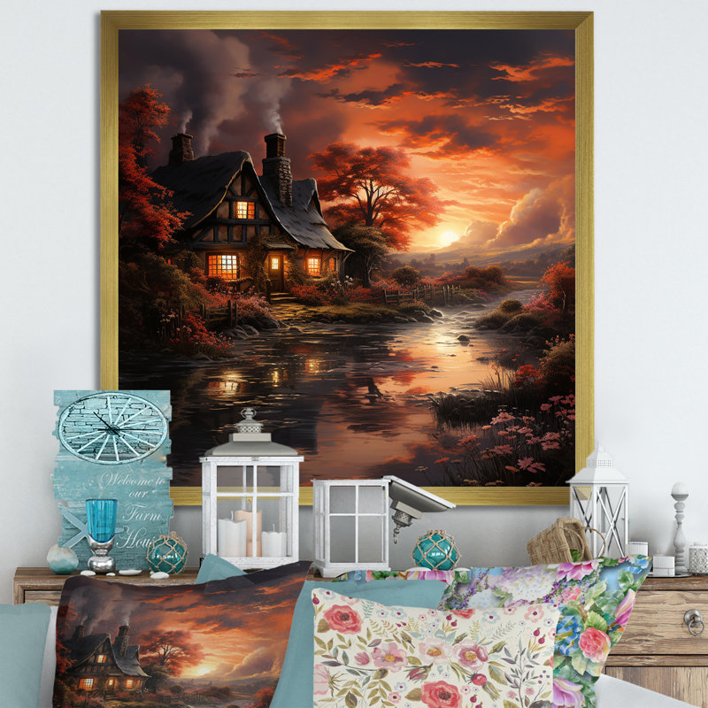 Cottage Sunset Sanctuary 3 - paysage, art mural sur toile, Encadrement doré, H 36 po x l 36 po x P 1,5 po