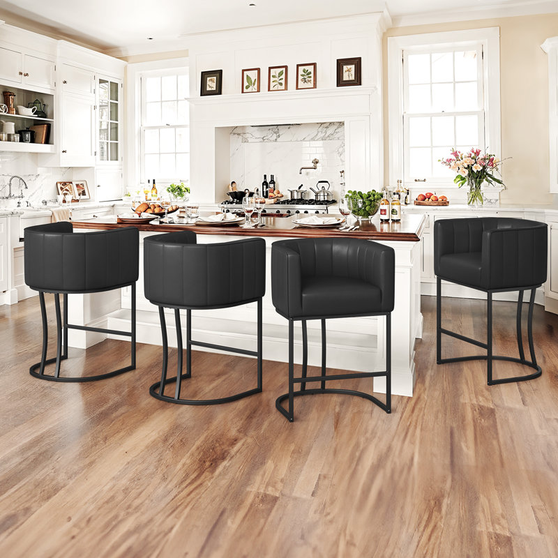 Chyanne 26.4" H Modern Barrel Counter Stools With Backrest & Arms - Upholstered Kitchen Island Stools, Metal Legs, Waterproof Fabric