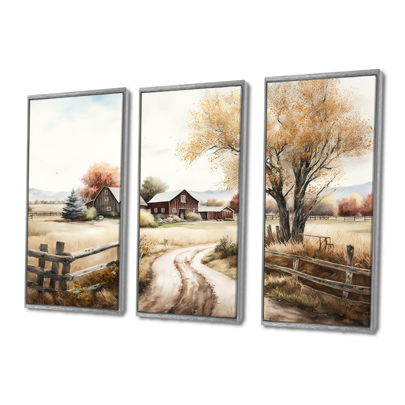 «Beautiful Barn In Spring VI», reproduction sur toile 3 pièces, H 28 po x l 36 po, Cadre argenté flottant