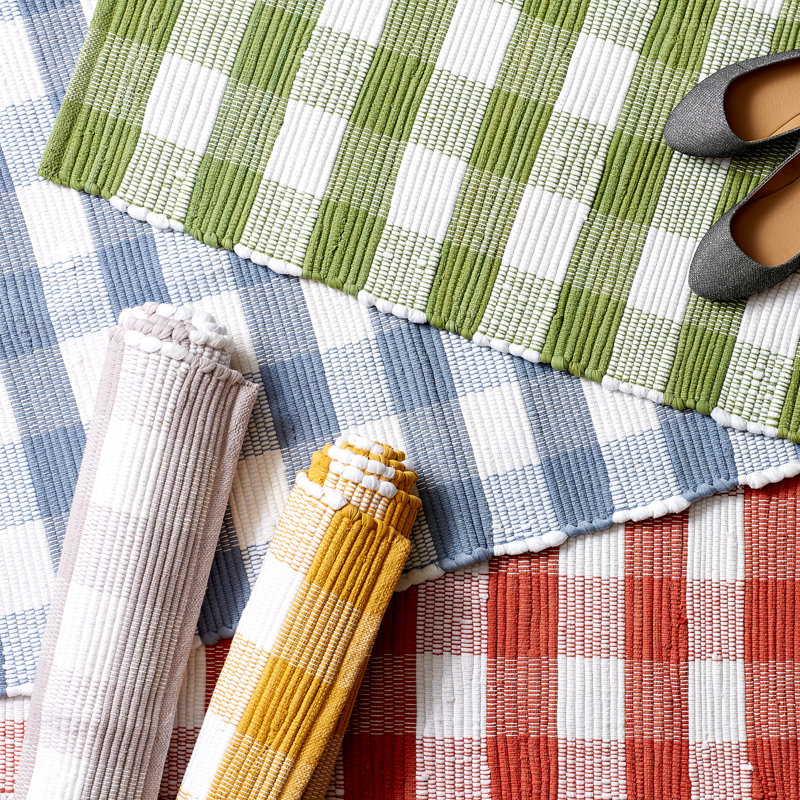 Tapis doré / blanc en coton Kriston Gingham