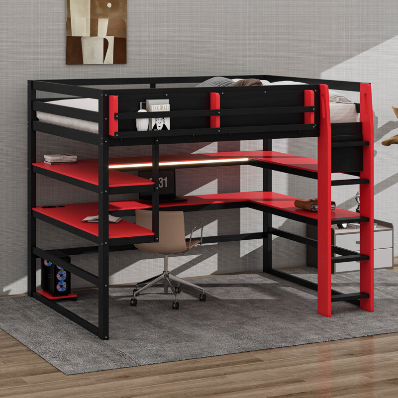 Lit mezzanine Gaming avec bureau intégré et tablettes de rangement, cadre de lit en bois peu encombrant avec DEL et course latérale