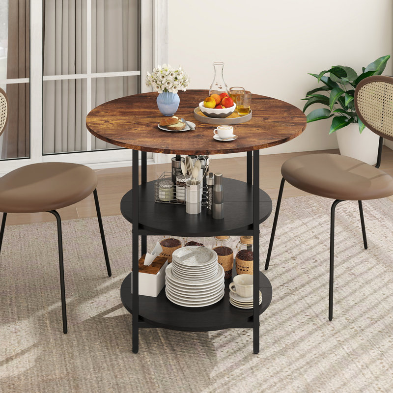 80cm Round Dining Table, Industrial Kitchen Desk With Storage Shelf, Space Saving, Brown