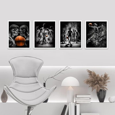 Affiches de basketball noires et blanches, impression 4 pièces