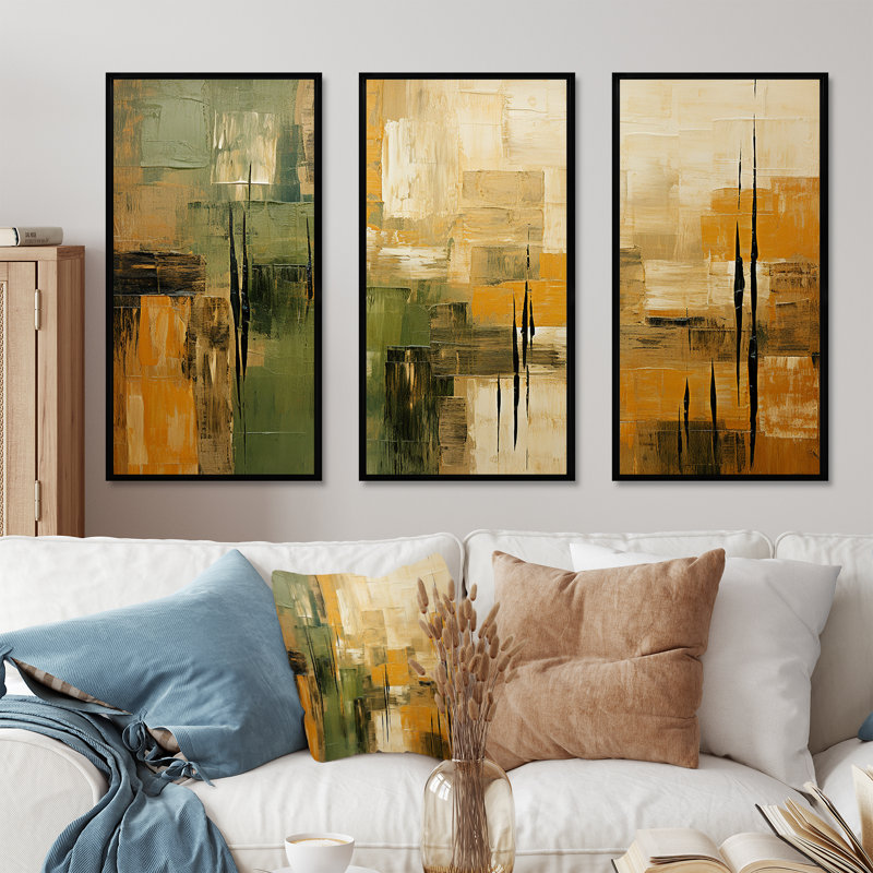 «Green Beige Wild Essence Collage I», art mural tachisme, H 40 po x l 60 po x P 1 po, Cadre flottant noir