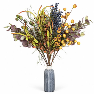 Feuilles d'automne artificielles mixtes 36 po avec gousses de pavot, baies et eucalyptus