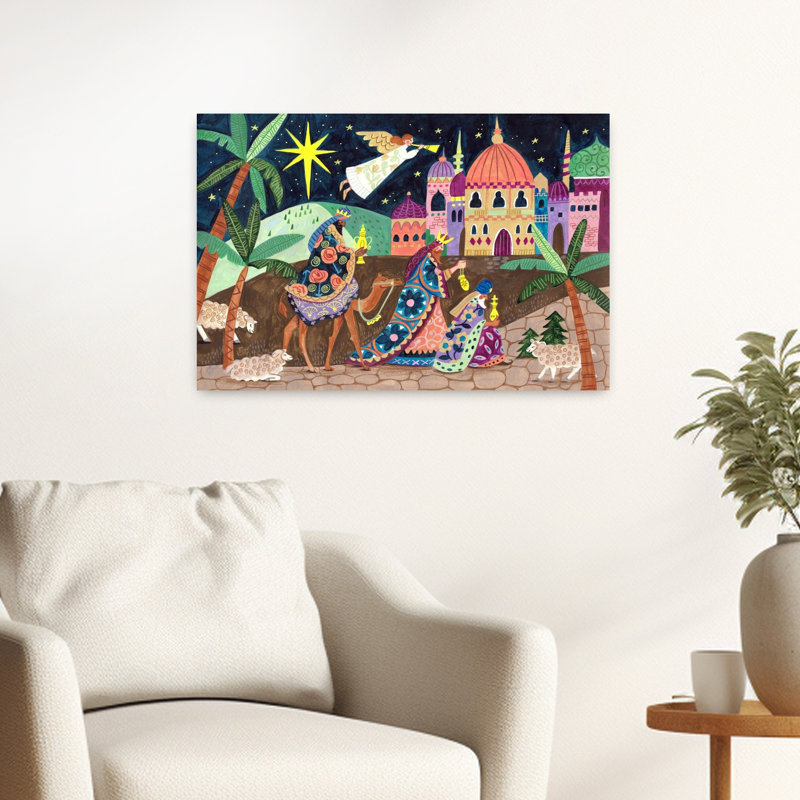 Three Wise Men And An Angel Christmas Colorful Vibrant Abstract Palm Tree Landscape Nature Wall Art Print 1 Piece Wrapped Canvas Wall Art