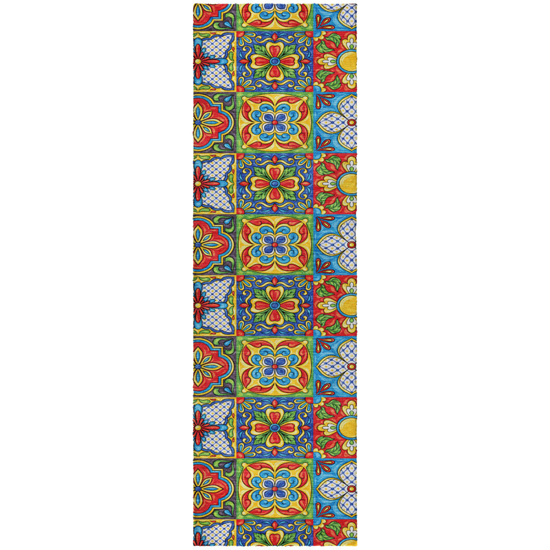 Premium Machine Washable Dream Shag ADS175 Spanish Tiles Rug, 2'3" x 7'6" Runner