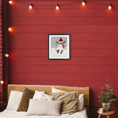 «Snowman Skiing with Cardinals», reproduction encadrée sous verre, design par Kristal Clifford