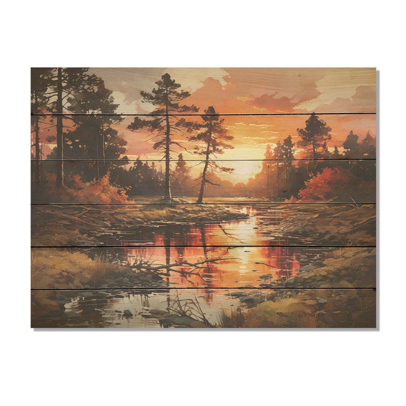 Rivière, rivière, forêt, lever de soleil I - forêt, art mural sur bois de pin naturel, H 10 po x l 20 po