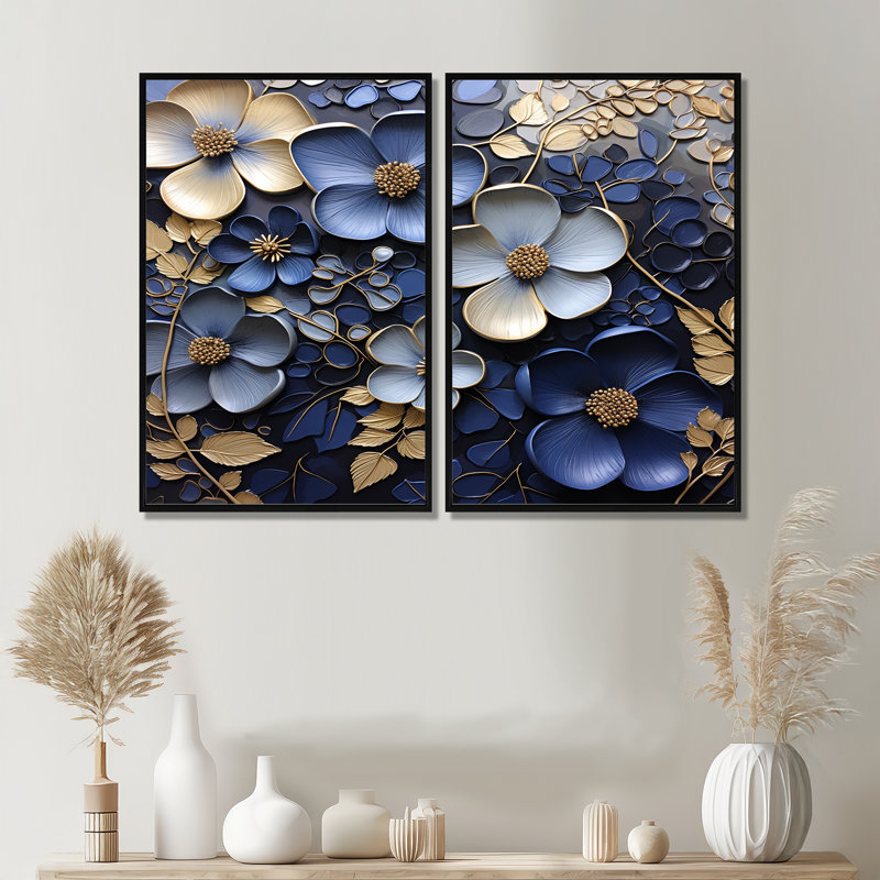 Ornement bleu et violet mauve - art mural traditionnel bleu, Black, 36" H x 48" W, Impression encadrée flottante