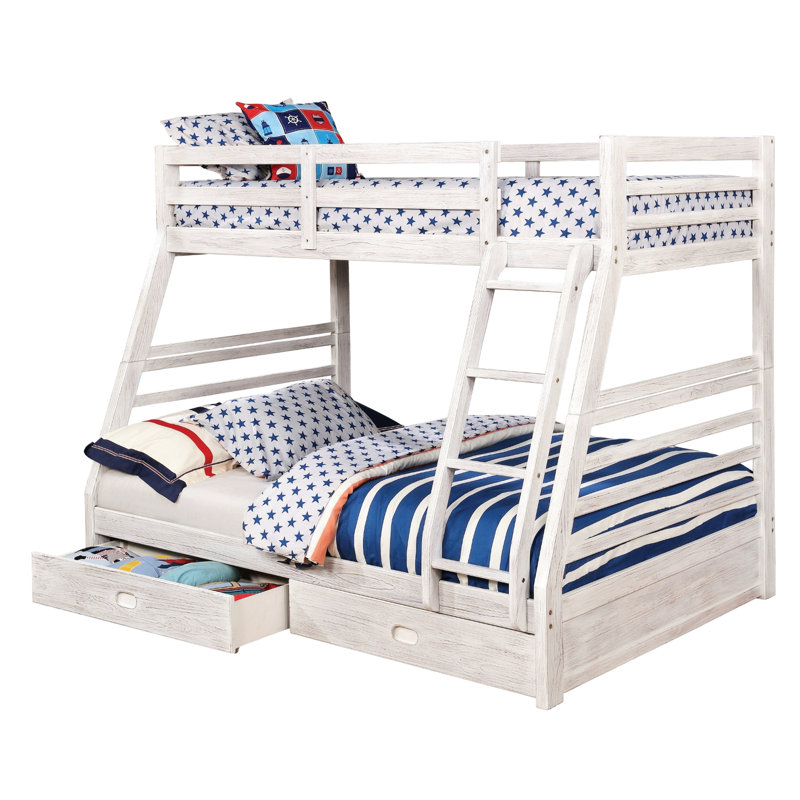 Lit superposé simple au-dessus d'un lit double de style transitionnel avec deux grands tiroirs et une construction en bois massif d'aspect blanc délavé, structure à rails sécuritaires pour utilisation avec placage de rangement, apparence, serrure