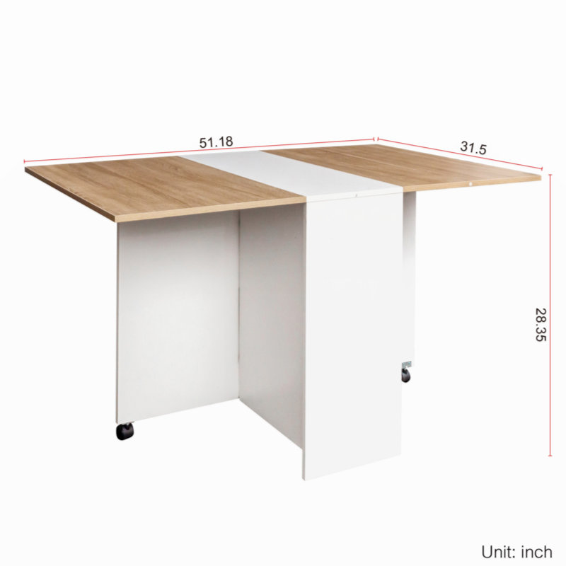 Folding Dining Table, Drop Leaf Dining Table With Wheels And 2-Layer Storage Shelf, Space Saving Dining Table For Small Spaces, White And  Oak