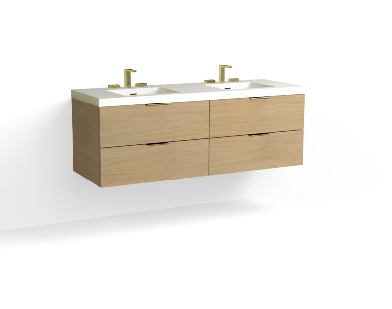 Avila 60" W Wall Mounted Double Bathroom Vanity, Matte White/Single, Nocino, Satin Brass