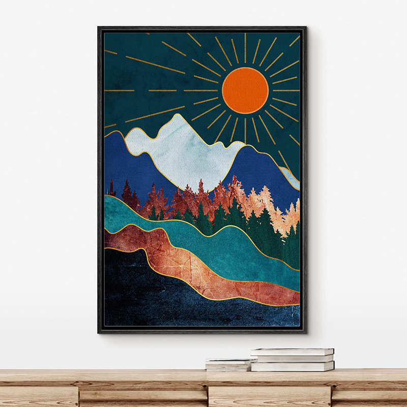 Marbre, chaîne de montagnes, forêt, soleil, nature, illustrations abstraites, paysage rustique - cadre flottant, impression sur toile