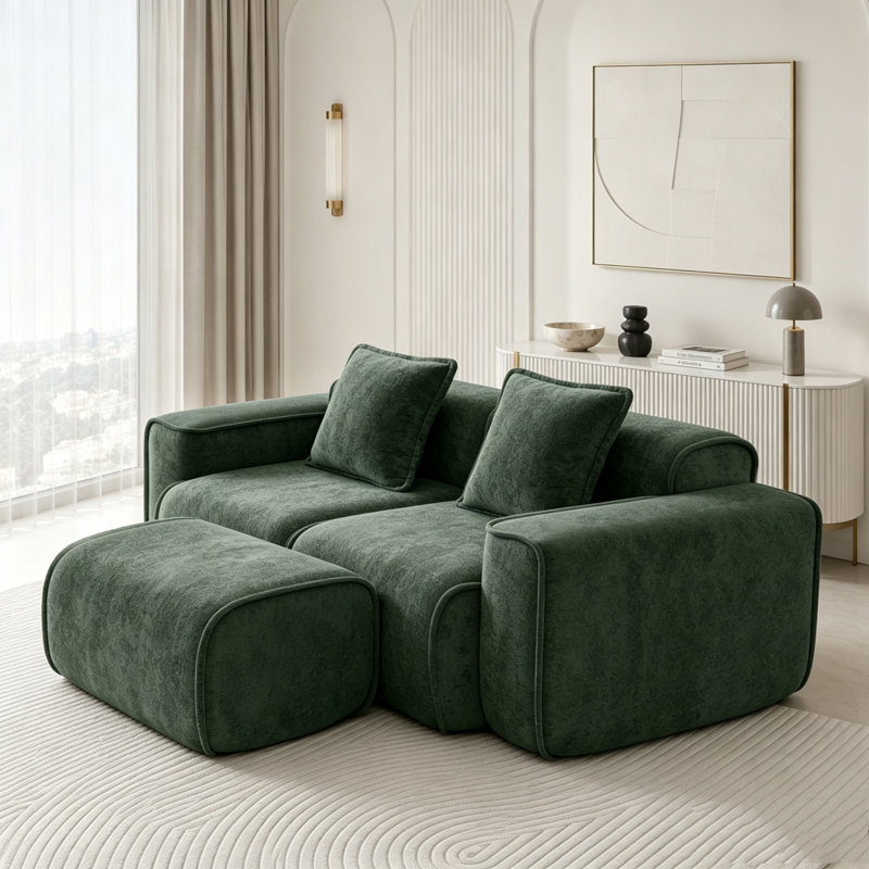 Canapé modulaire en L sans siège avec repose-pieds et sans assemblage, 2-Seater & 1-Ottoman, Green