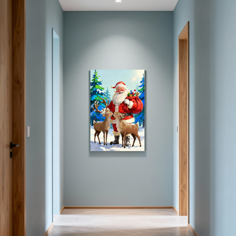 Noël père Noël avec renne dans la forêt enneigée, H 24 po x l 16 po