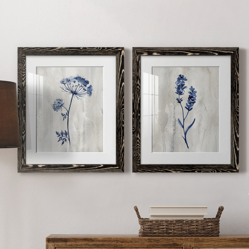 «Indigo Botanical I», ensemble de 2 reproductions d'impressions, Impression encadrée avec passe-partout, Noir
