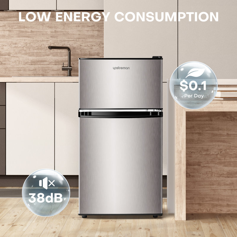 3.2 Cu.Ft Double Door Mini Fridge With Freezer For Dorm, Office, Bedroom, Silver
