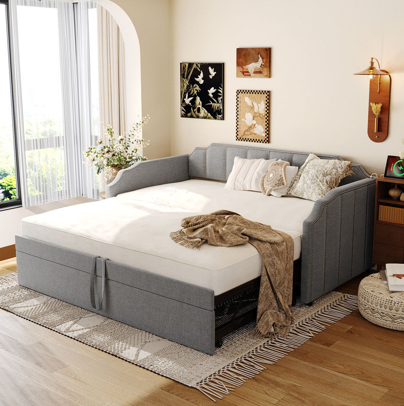 Twin Size Upholstered Daybed with Pop-Up Trundle & USB Charging Ports, Gray, Gray