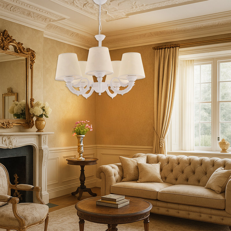 Lustre classique 5 lumières, Crème, crème, Blanc