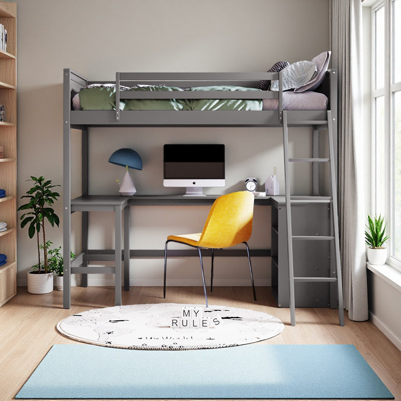 Lit mezzanine simple avec tablettes et bureau, Gris