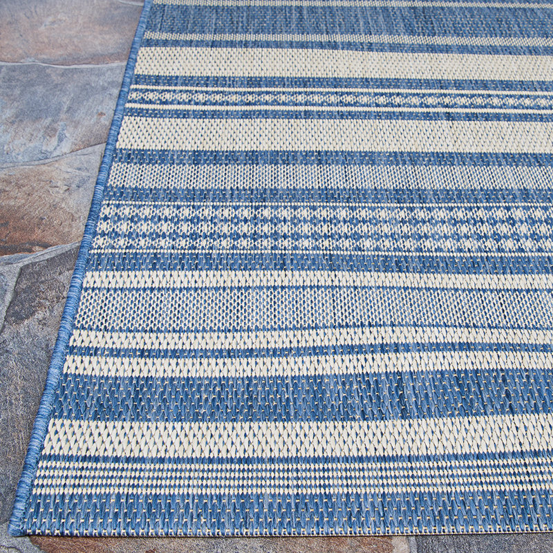 Sania Striped Indoor Outdoor Area Rug, Square 7'6", Ivory / Blue