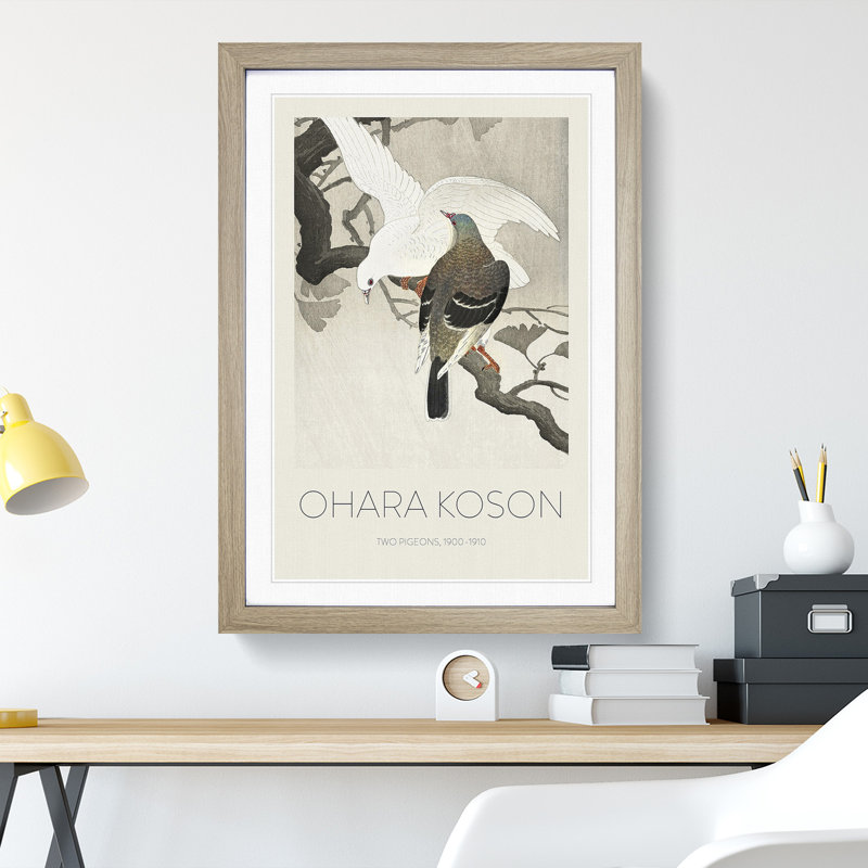 Two Pigeons on a Branch by Ohara Koson - Picture Frame Art Prints, Oak, 36cm H x 27cm W x 2cm D