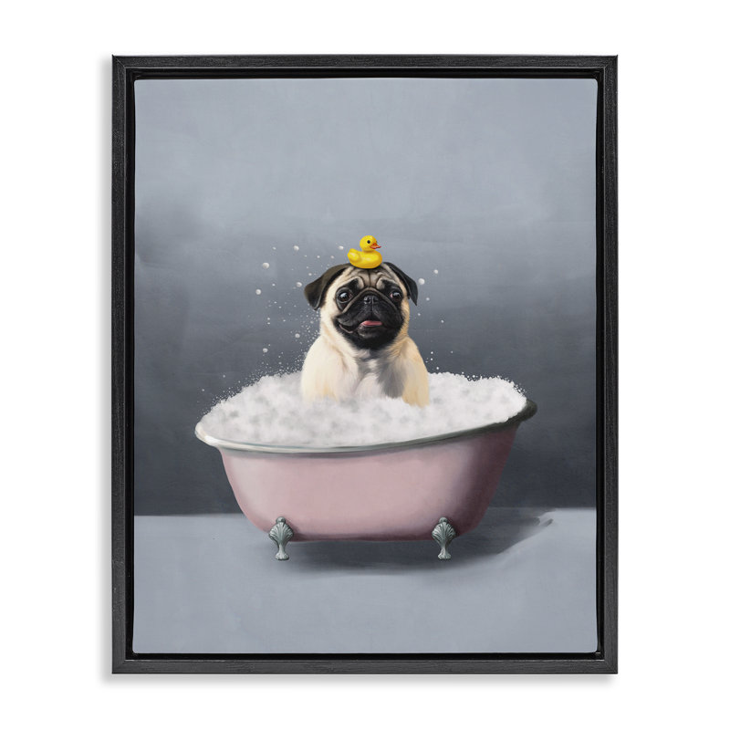 «Bathing Pug» avec toile canard en caoutchouc encadrée par Svetlana Aleynikova, H 31 po x l 25 po