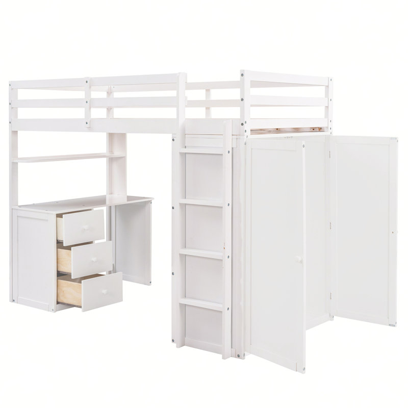 Lit mezzanine avec tiroirs, bureau et garde-robe, Blanc